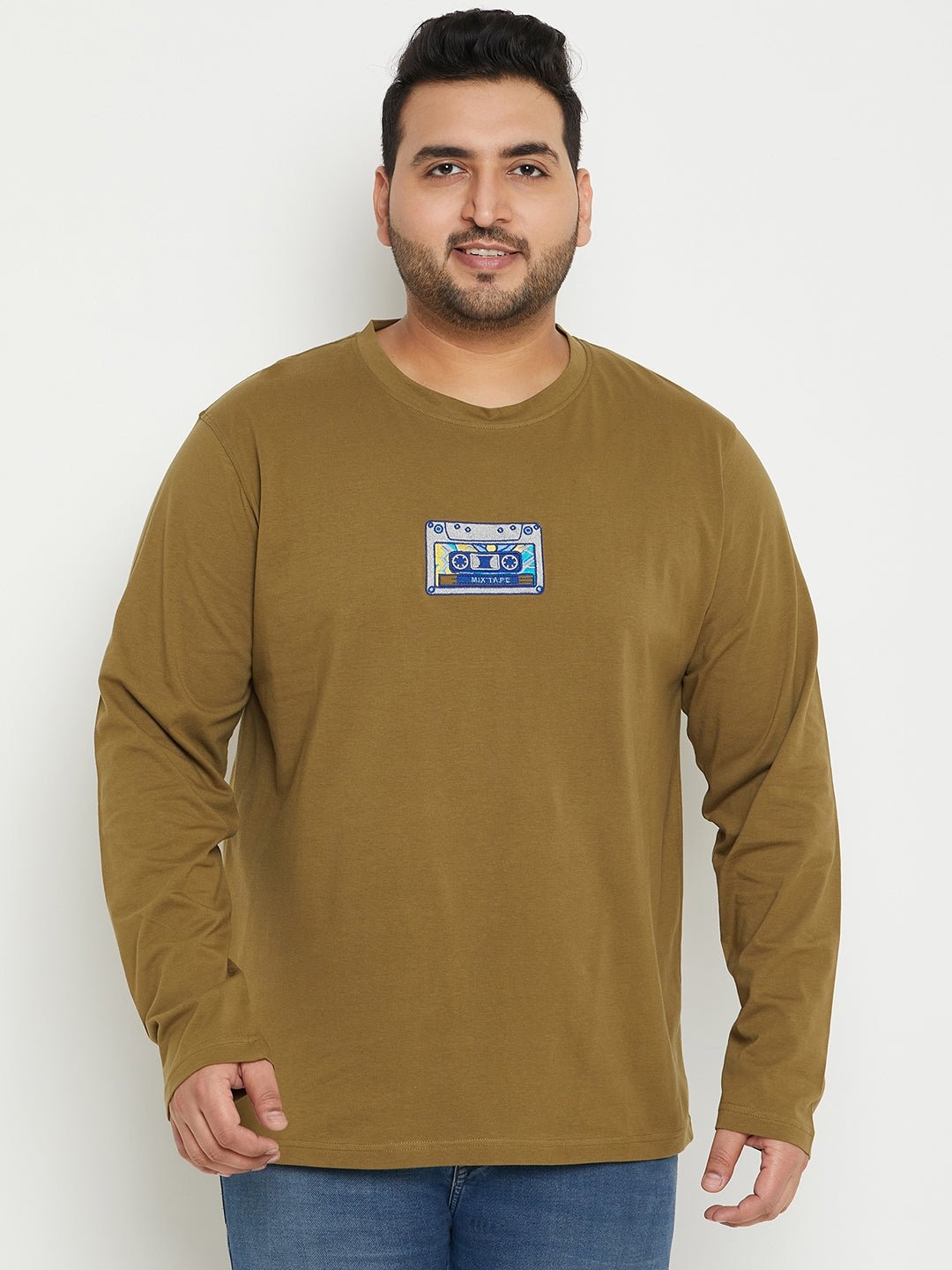 Olive Green Printed Round Neck Plus Size T-Shirt - clubyork