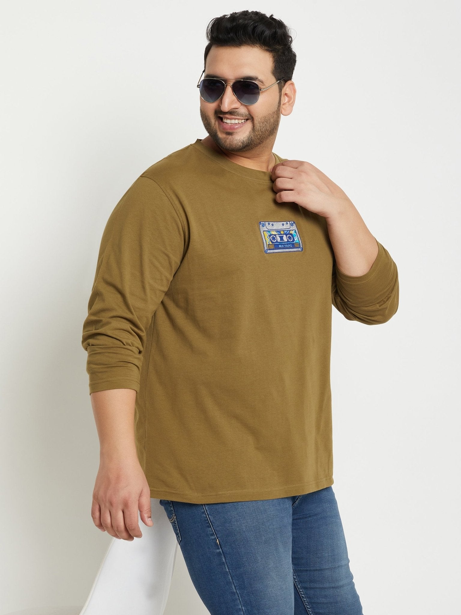 Olive Green Printed Round Neck Plus Size T-Shirt - clubyork