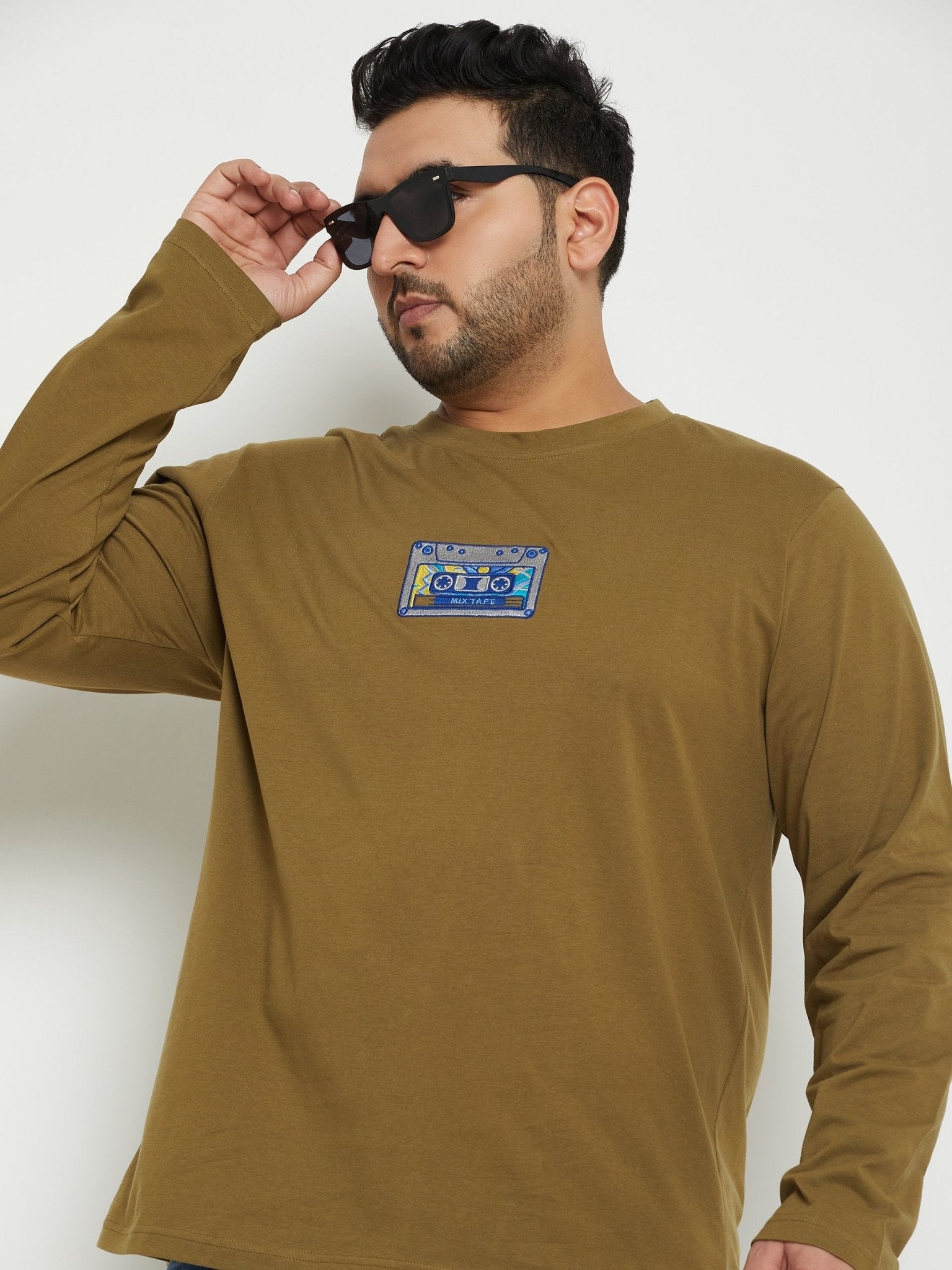 Olive Green Printed Round Neck Plus Size T-Shirt - clubyork