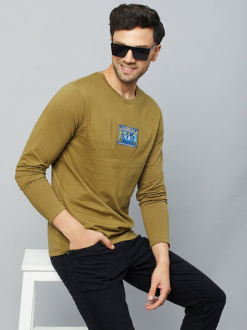 Olive Green Printed  Round Neck T-Shirt