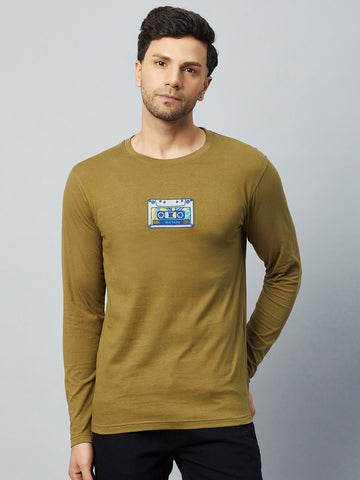 Olive Green Printed  Round Neck T-Shirt