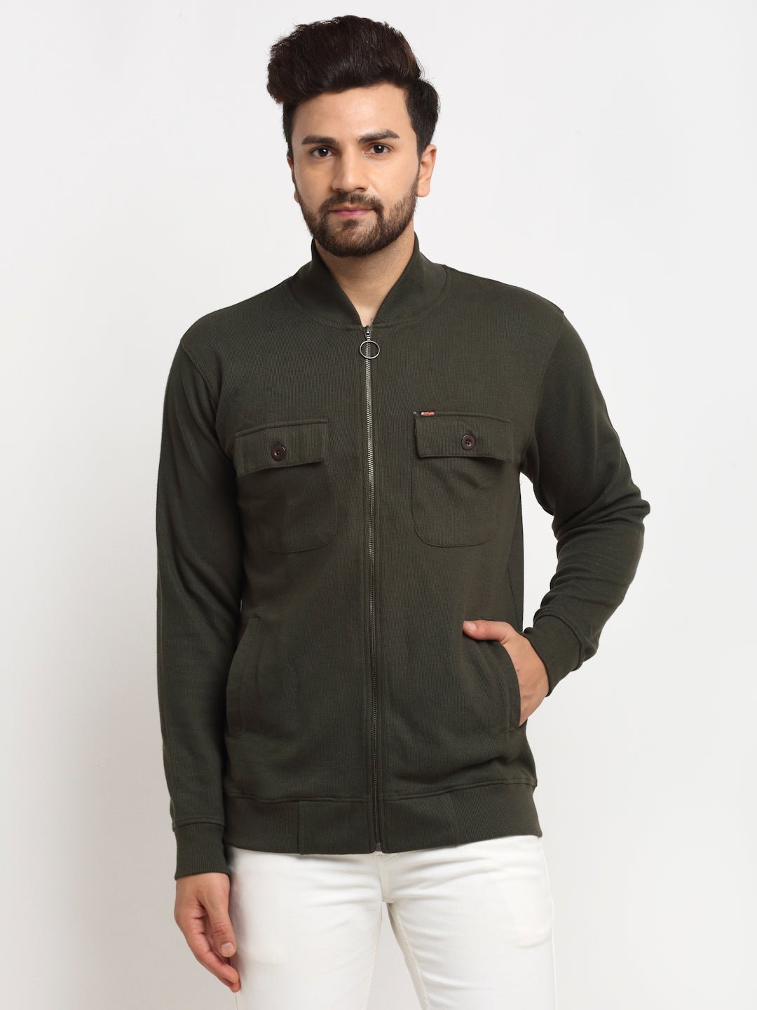 Olive Solid High Neck Sweatshirt - clubyork