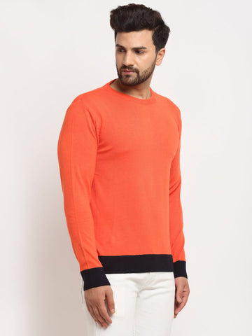 Orange Colourblocked Round Neck Sweater