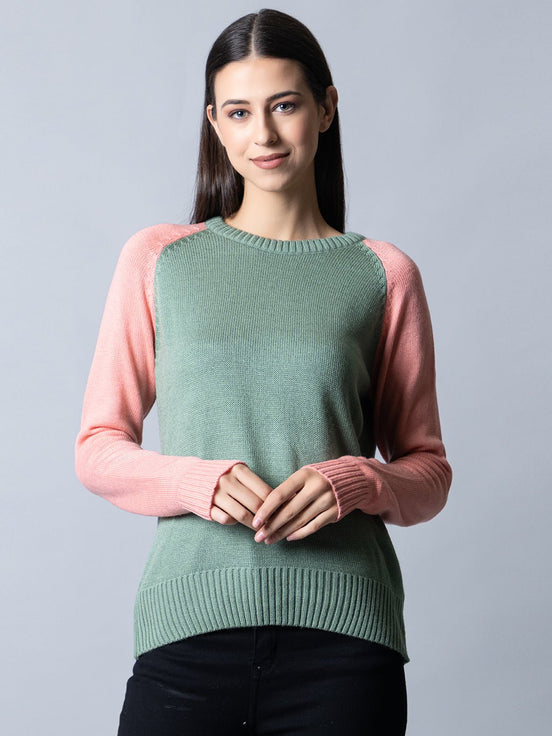 Peach Round Neck Colorblocked Sweater - clubyork