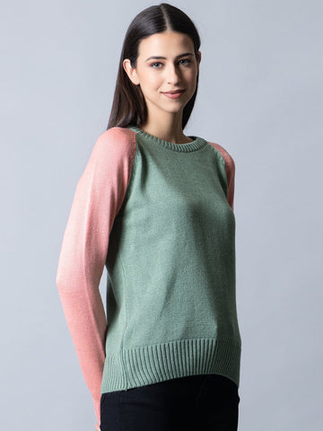 Peach  Round Neck Colorblocked Sweater