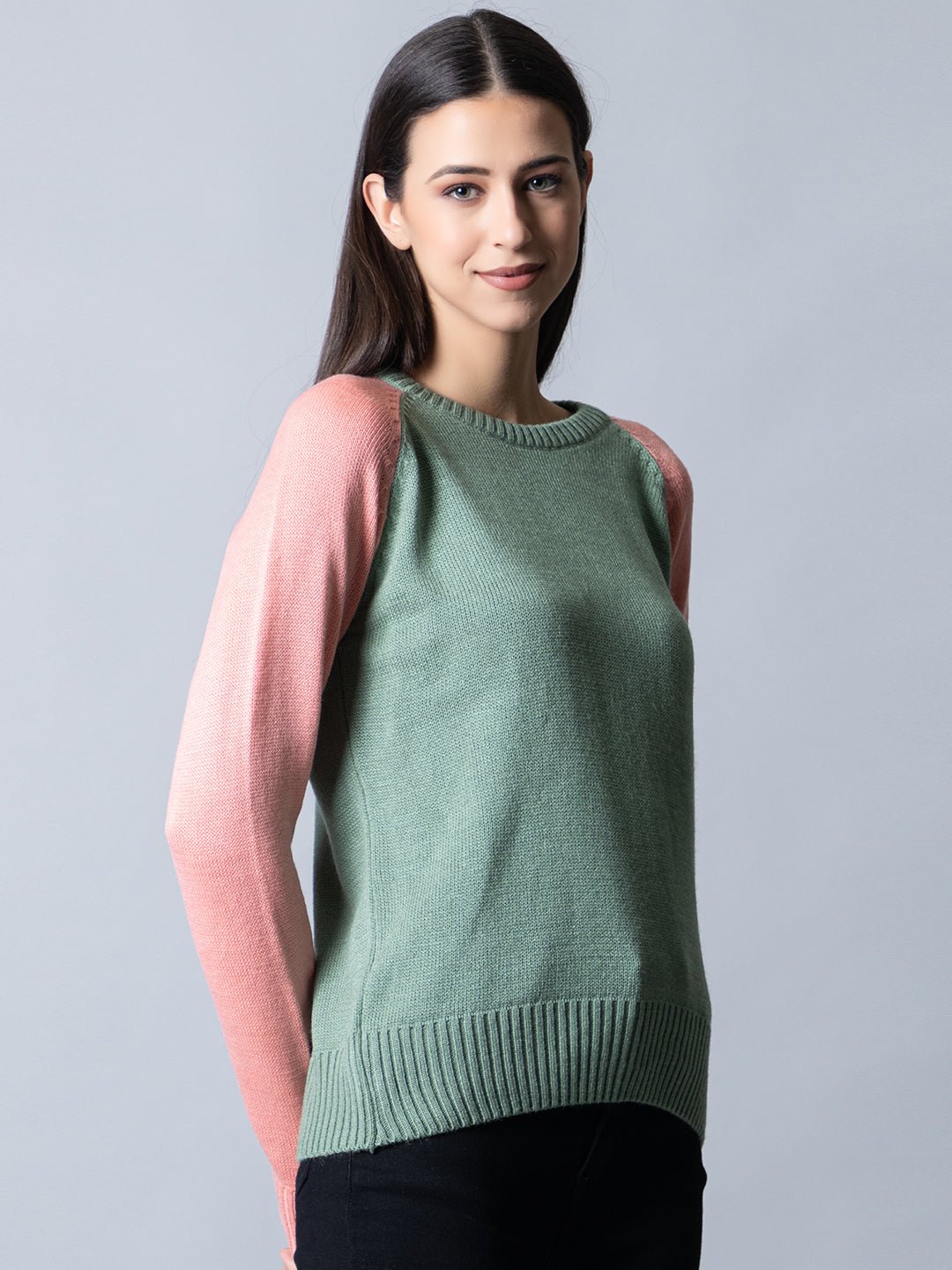 Peach Round Neck Colorblocked Sweater - clubyork