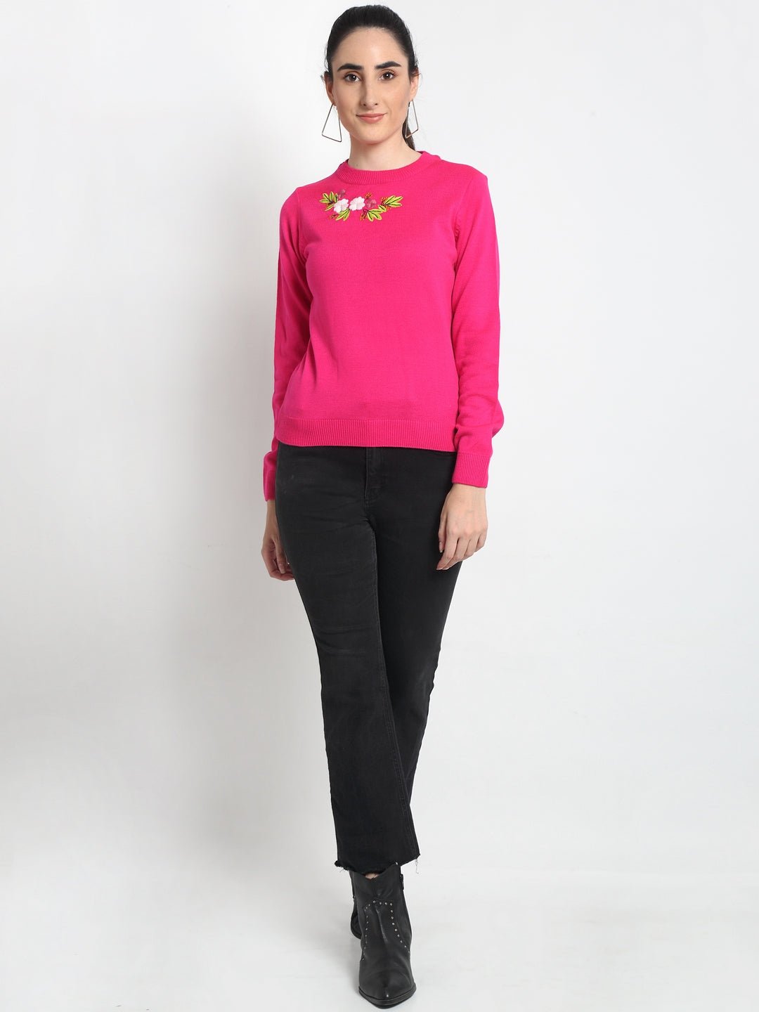 Pink Chest Embroidery Round Neck Sweater - clubyork