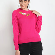 Pink Chest Embroidery Round Neck Sweater - clubyork