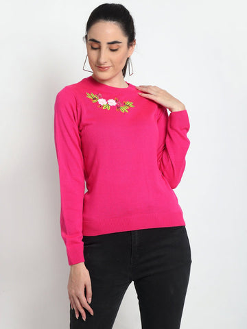 Pink Chest Embroidery Round Neck Sweater