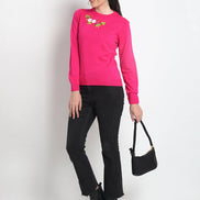 Pink Chest Embroidery Round Neck Sweater - clubyork
