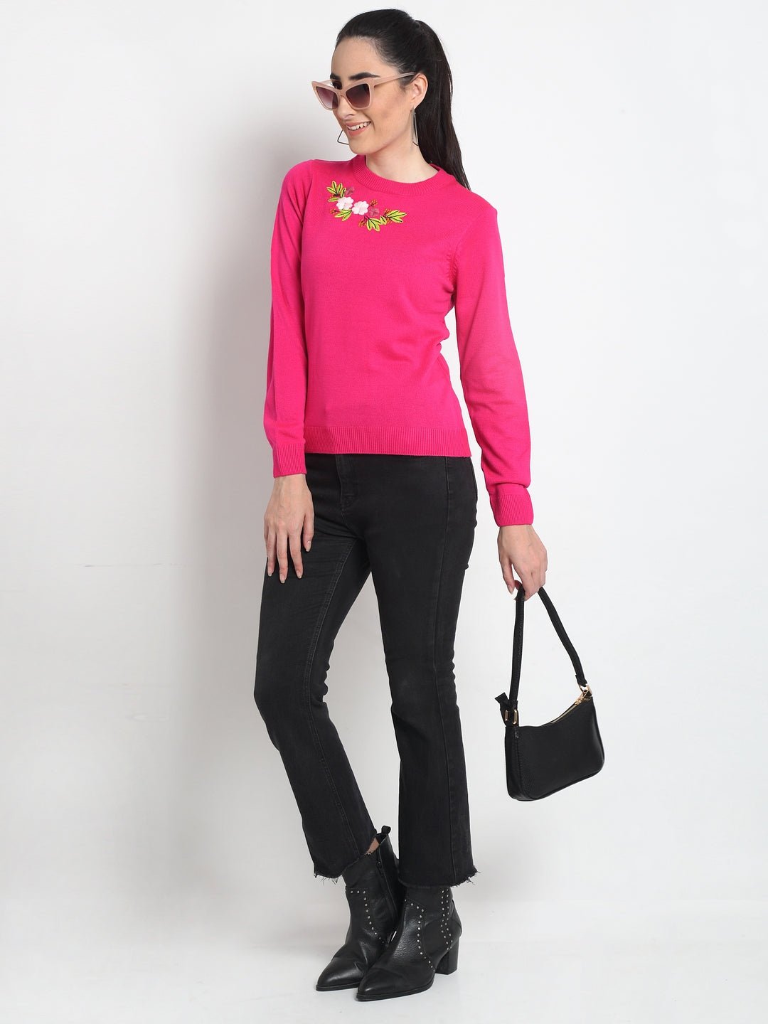 Pink Chest Embroidery Round Neck Sweater - clubyork