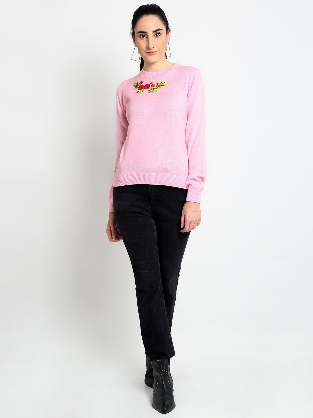 Pink Embroidery Round Neck Sweater - clubyork