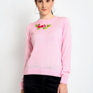 Pink Embroidery Round Neck Sweater - clubyork