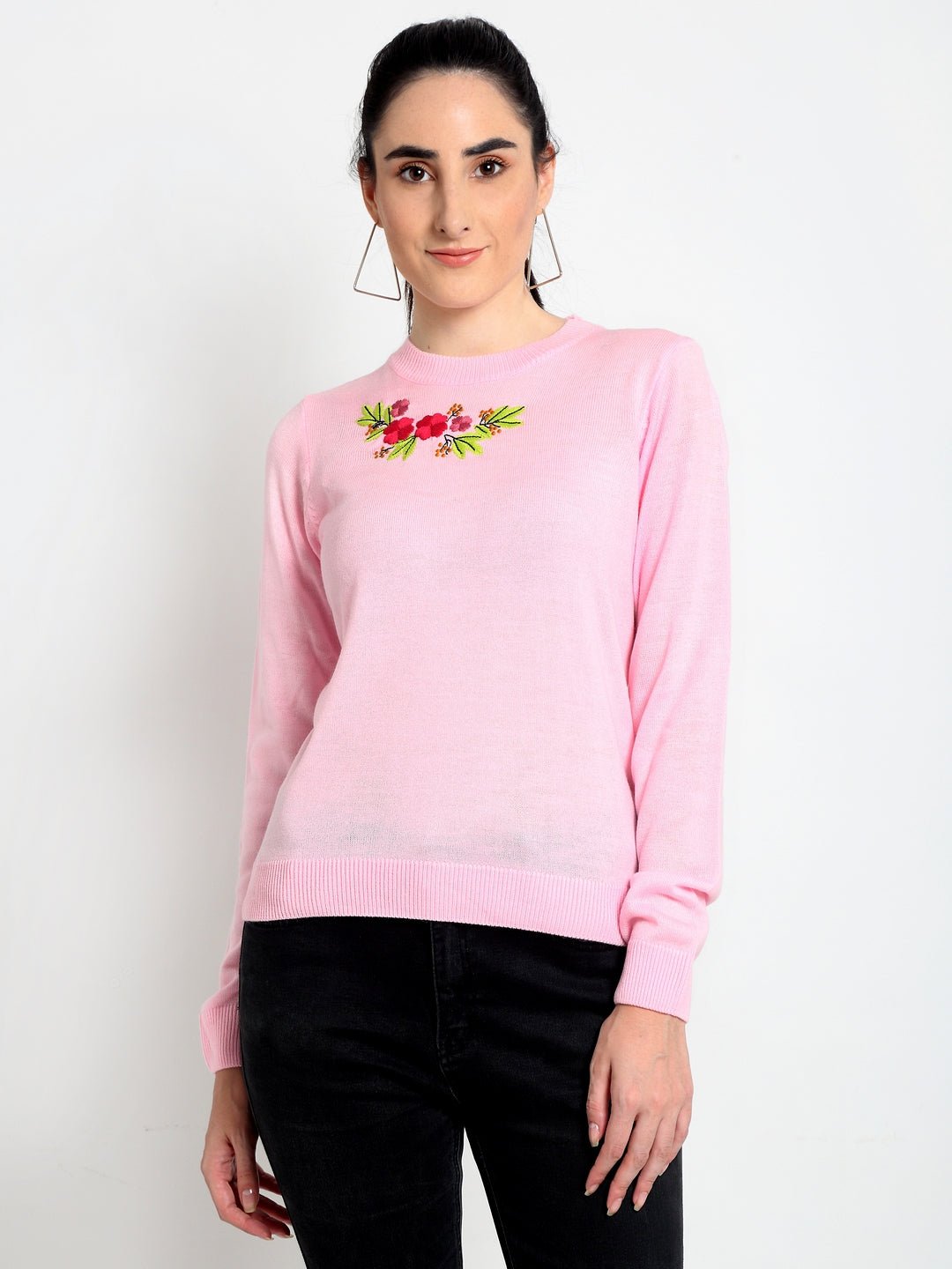 Pink Embroidery Round Neck Sweater - clubyork