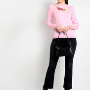 Pink Embroidery Round Neck Sweater - clubyork