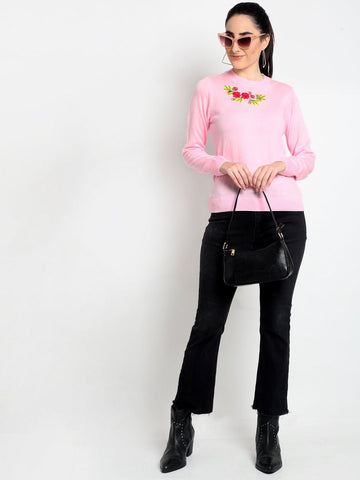 Pink Embroidery Round Neck Sweater