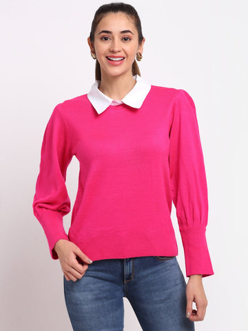 Pink  Solid Polo Neck Sweater