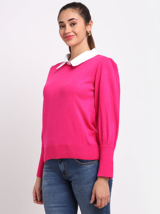 Pink Solid Polo Neck Sweater - clubyork