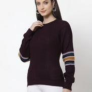 Purple Round Neck Self Design Sweater - clubyork