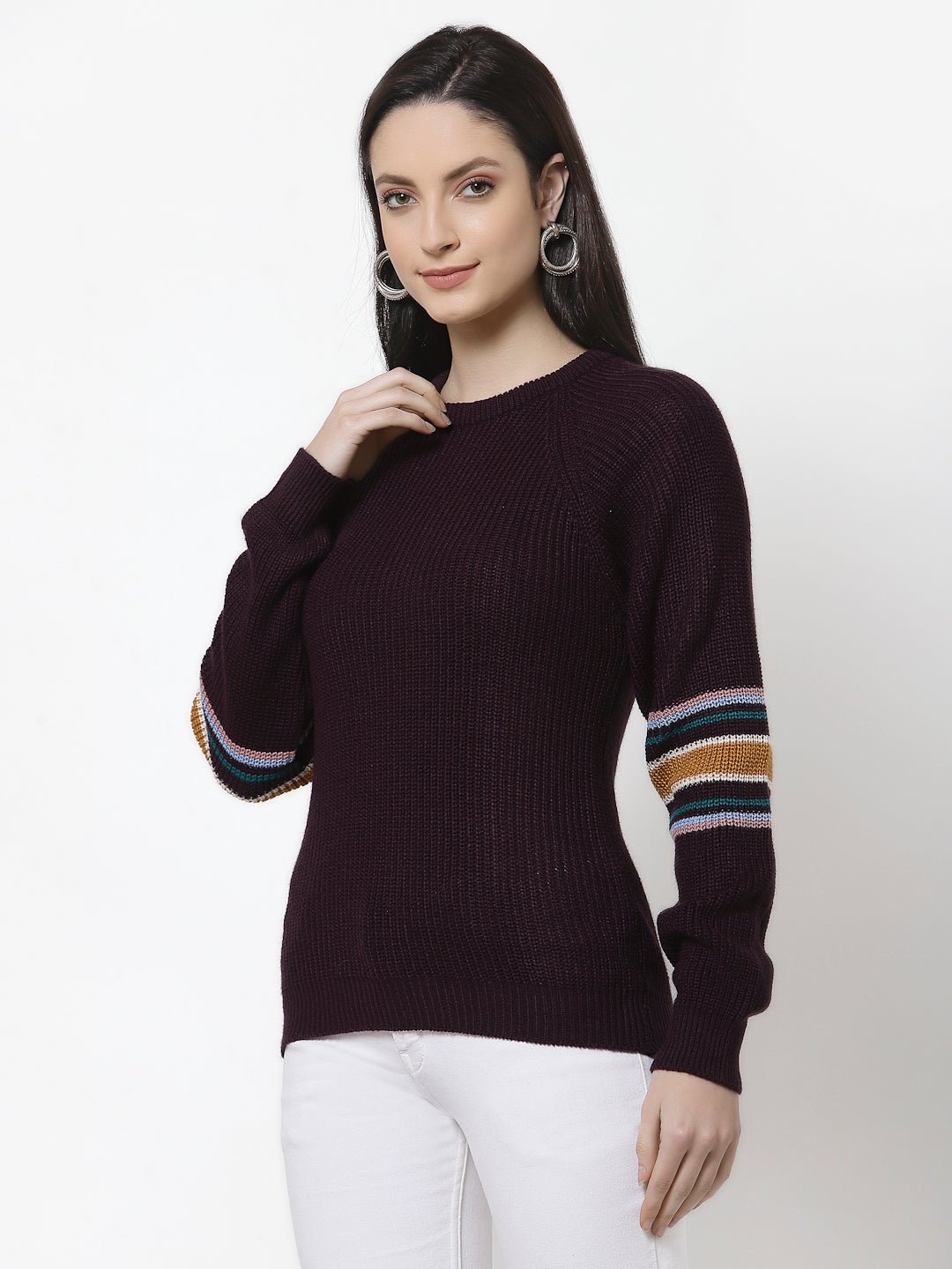 Purple Round Neck Self Design Sweater - clubyork