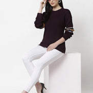 Purple Round Neck Self Design Sweater - clubyork