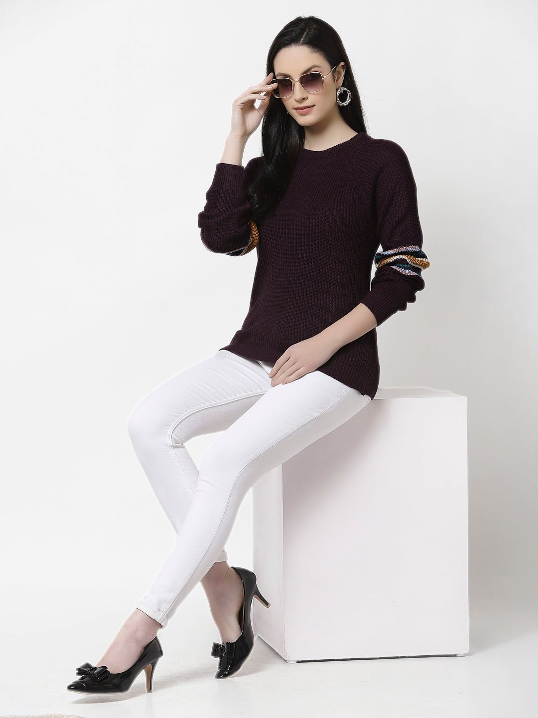 Purple Round Neck Self Design Sweater - clubyork