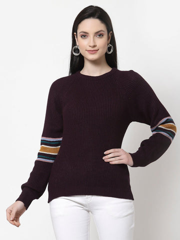 Purple  Round Neck Self Design Sweater