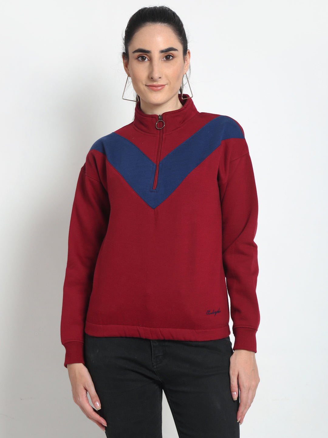 Red Colourblocked Half Zipper High Neck Sweatshirt - clubyork