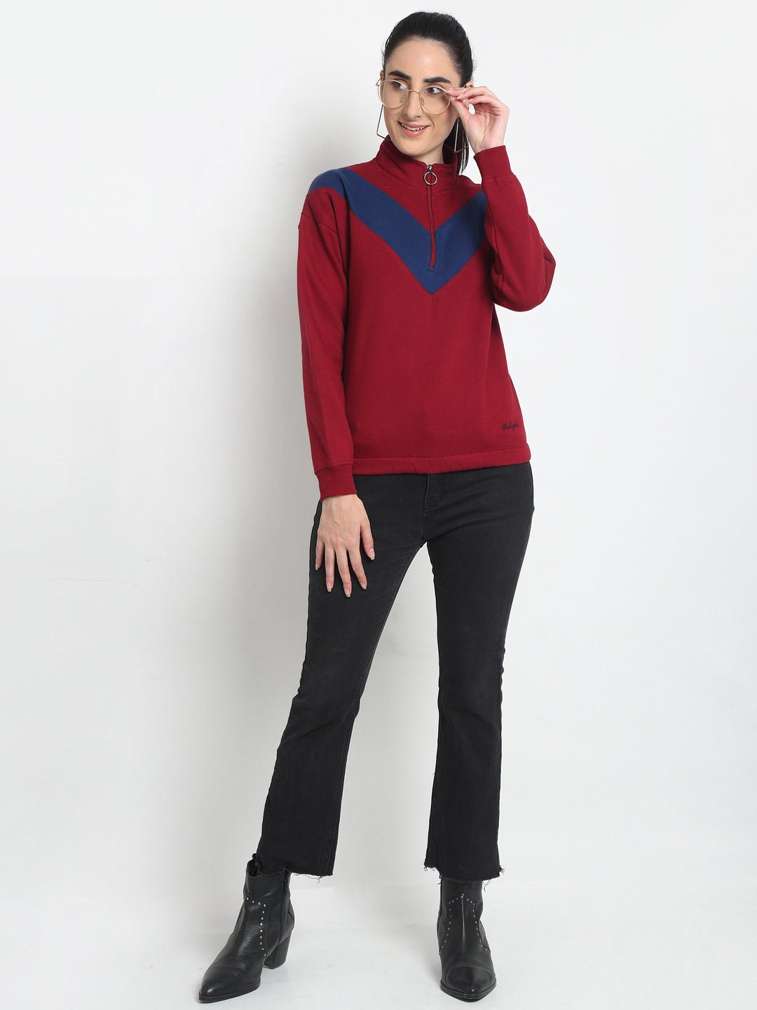 Red Colourblocked Half Zipper High Neck Sweatshirt - clubyork