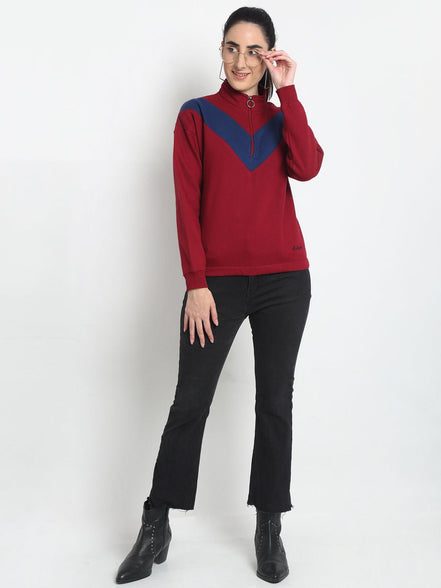 Red Colourblocked Half Zipper High Neck Sweatshirt - clubyork