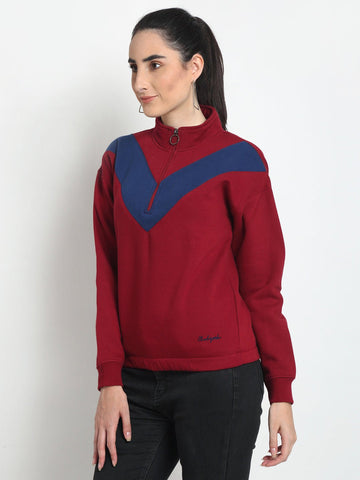 Red Colourblocked Half Zipper High Neck Sweatshirt - clubyork