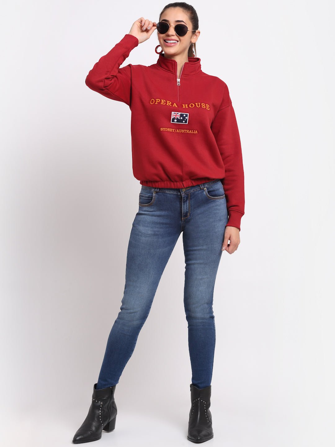Red Printed High Neck Half Zipper Sweatshirt - clubyork