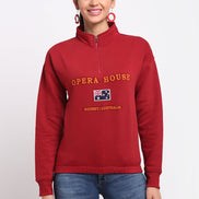 Red Printed High Neck Half Zipper Sweatshirt - clubyork