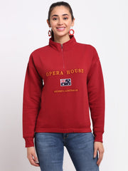 Red  Printed High Neck Half Zipper Sweatshirt