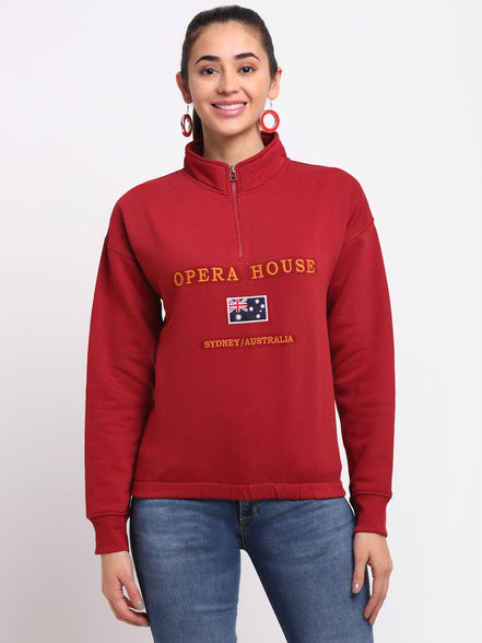 Red Printed High Neck Half Zipper Sweatshirt - clubyork