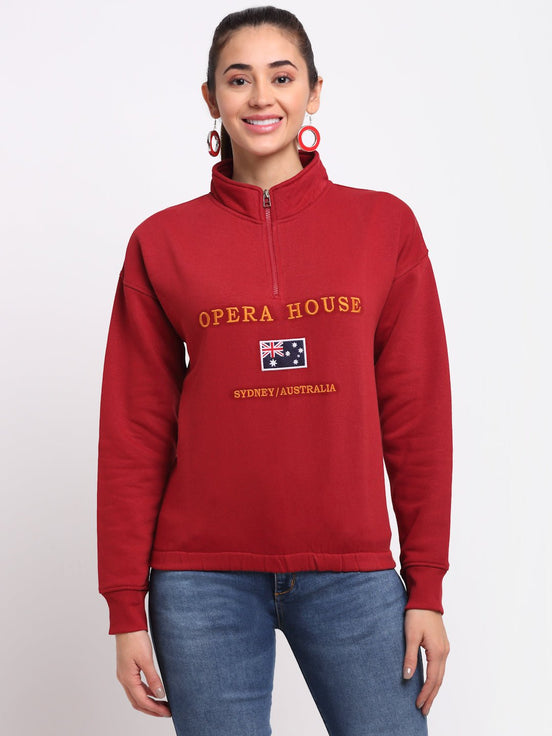 Red Printed High Neck Half Zipper Sweatshirt - clubyork