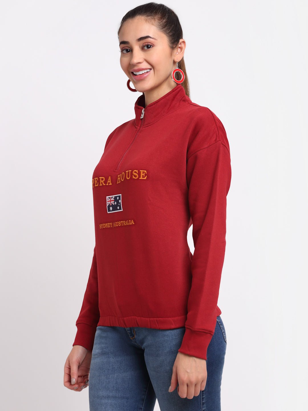 Red Printed High Neck Half Zipper Sweatshirt - clubyork