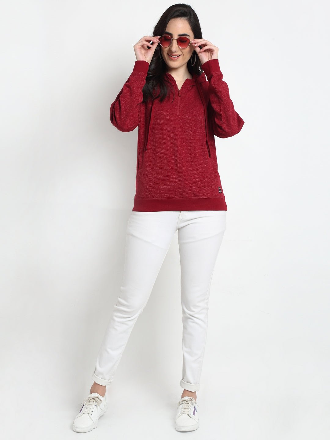 Red Solid Half Zipper Hooded Sweatshirt - clubyork