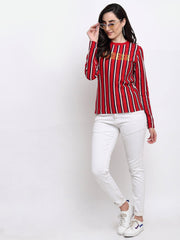 Red Striped Typography Print Round Neck Sweatshirt