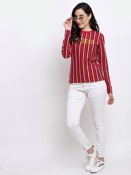 Red Striped Typography Print Round Neck Sweatshirt - clubyork