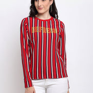 Red Striped Typography Print Round Neck Sweatshirt - clubyork