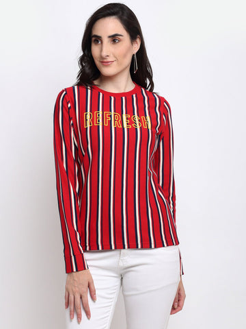 Red Striped Typography Print Round Neck Sweatshirt