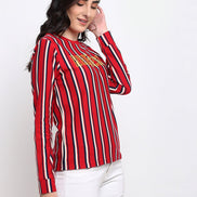 Red Striped Typography Print Round Neck Sweatshirt - clubyork