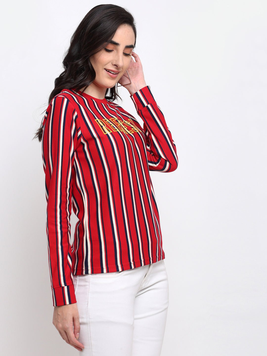 Red Striped Typography Print Round Neck Sweatshirt - clubyork