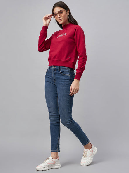 Red Typography Print Round Neck Sweatshirt - clubyork