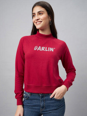 Red  Typography Print Round Neck Sweatshirt