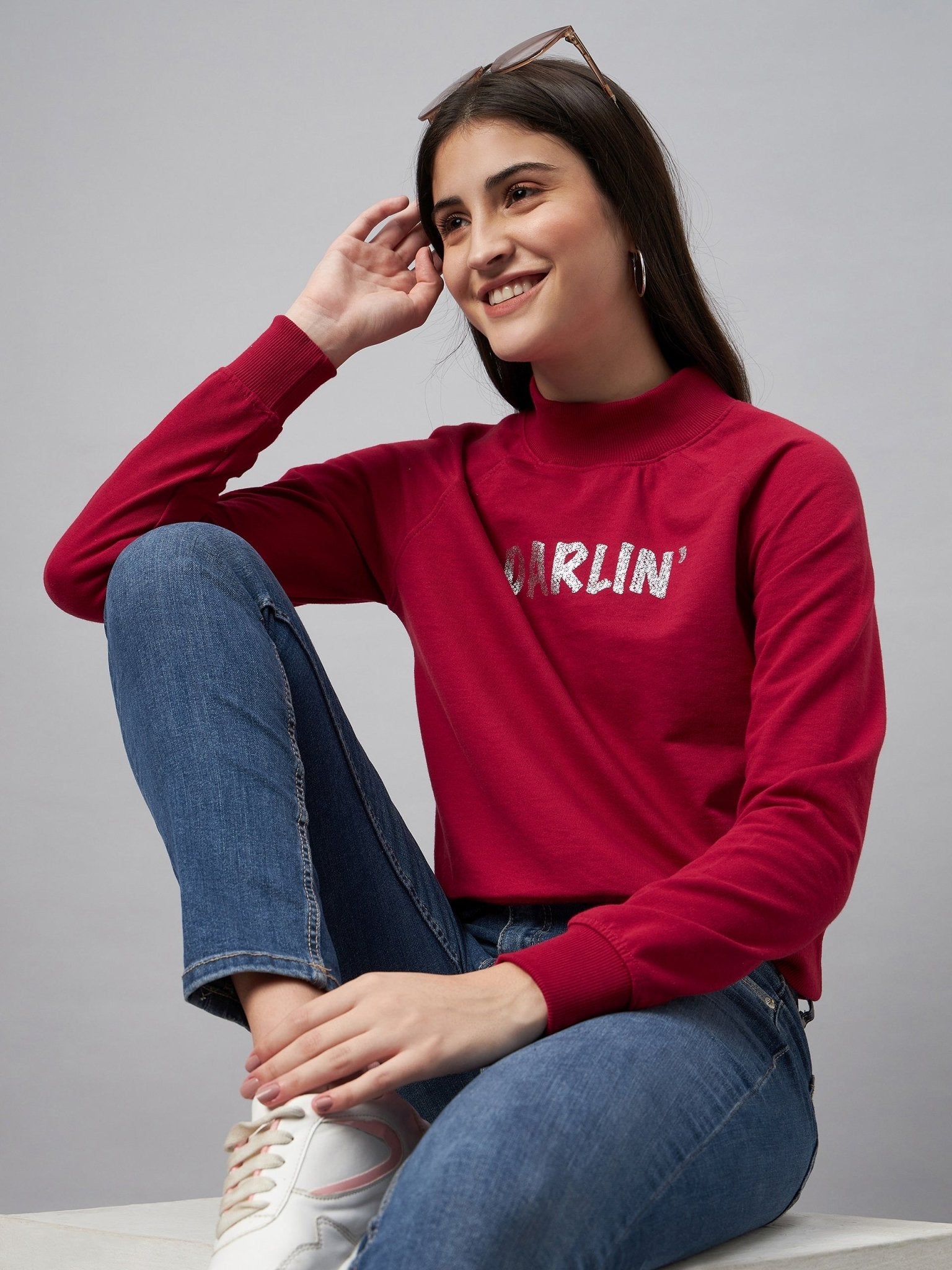 Red Typography Print Round Neck Sweatshirt - clubyork