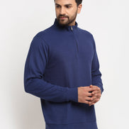 Royal Blue Solid Front Half Zipper High Neck Sweatshirt - clubyork