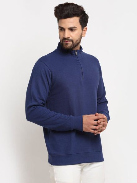 Royal Blue Solid Front Half Zipper High Neck Sweatshirt - clubyork