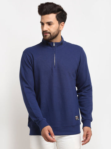 Royal Blue Solid Front Half Zipper High Neck Sweatshirt